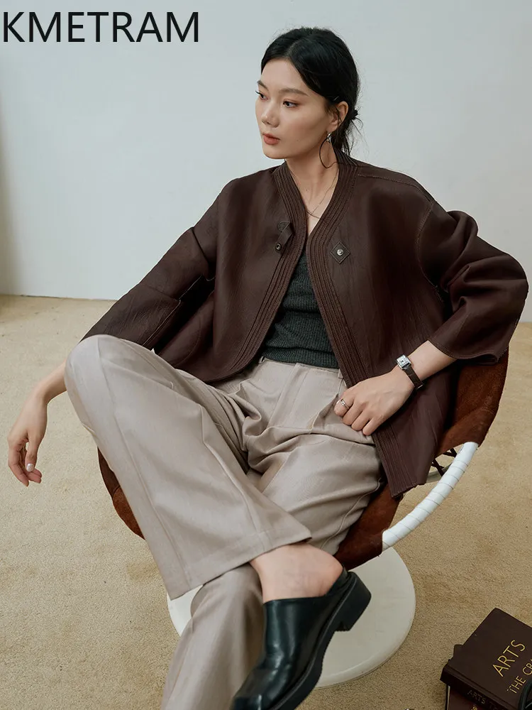KMETRAM Real Sheepskin Leather Jacket Woman Retro Coffee Short Coat Premium Genuine Leather Jackets Fall Women Clothes 2026 가죽자켓