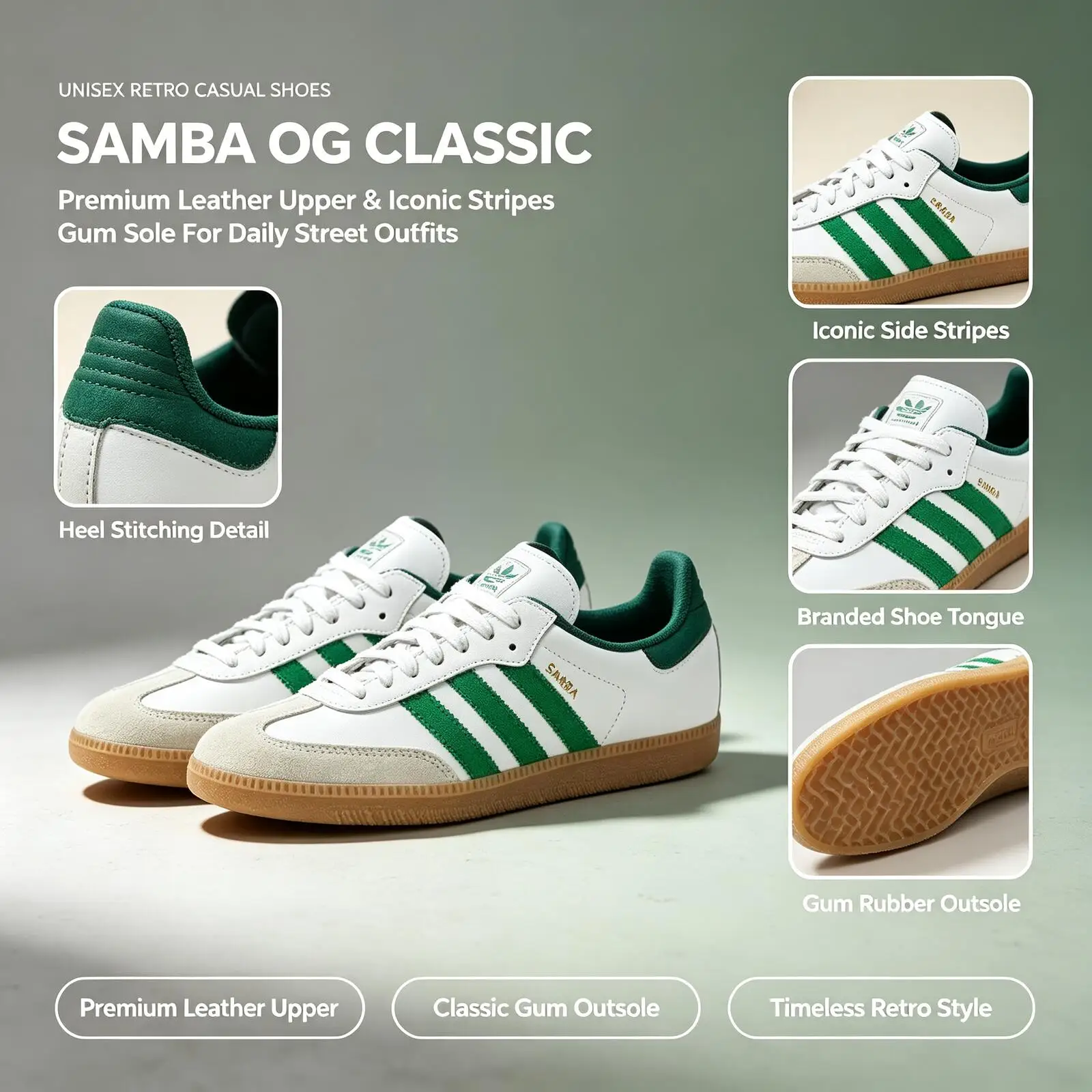 Official Adidas Genuine SAMBA OG JI3202 Low Top Skateboard Shoes Unisex White Green Suede Leather Gum Sole Retro Sneakers