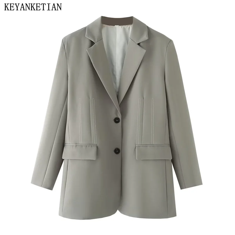 

KEYANKETIAN 2024 New Launch Office Lady Grey Suit Bright Line Decoration Decoration Flap Pockets Women's Leisure Outerwear Top