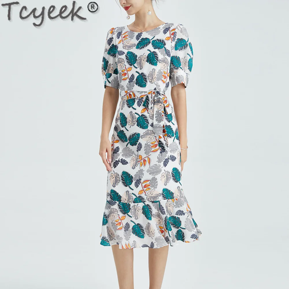 Vestido de seda mulberry para mulheres, moda com o pescoço, elegante e bonito, roupas com renda, 100% Tcyeek