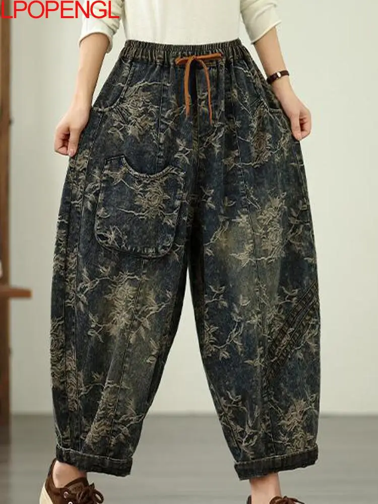 

Новые женские модные весенне-осенние джинсы в этническом стиле в стиле ретро с высокой талией, свободные шаровары, прямые брюки на шнурке
