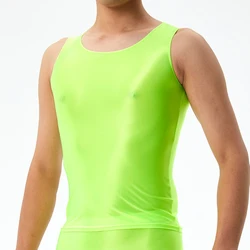 Mens Seamless Elastic Tops Oil Shiny Sleeveless Smooth Solid Tank Top Tights Male O-Neck Widely Applicable Running Undershirt