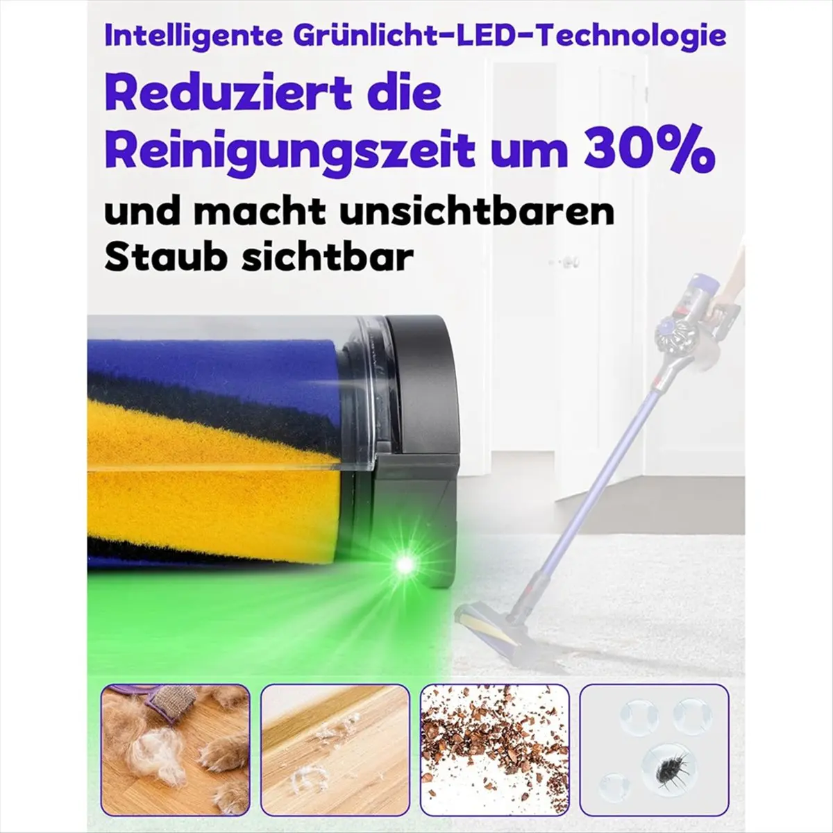 

For V7 V8 V10 V11 V15 Soft Roller Floor Brush with Green LED Light for Parquet, Tiles and Hard Floors