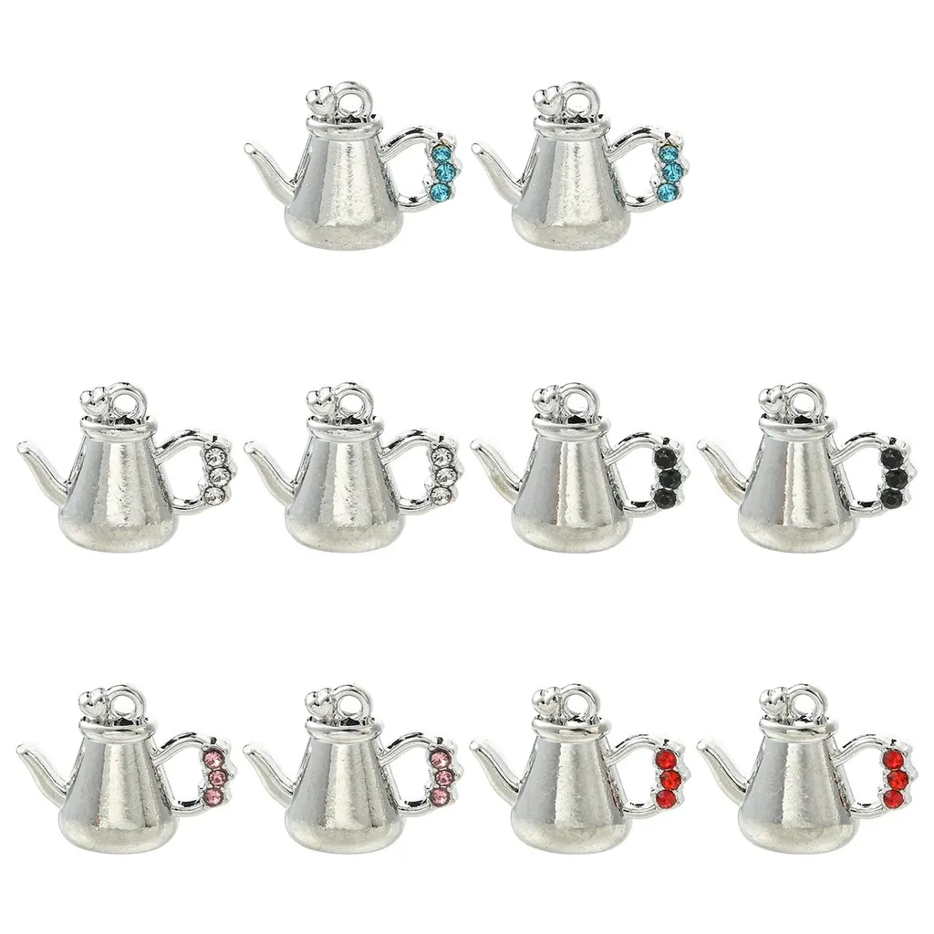 10Pcs Rack Plating Alloy Rhinestone Teapot Pendants, 5 Colors, 2Pcs/Color, Mixed Color, for DIY Keychain Jewelry Making