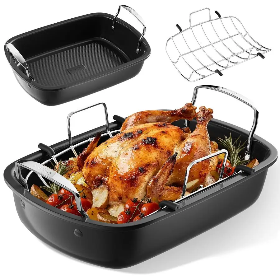 

Pan, 17 Inch x 13 Inch Roaster with Removable Rack, Nonstick Roaster Pan for Roasting Turkey, Meat amp Vegetables Silver