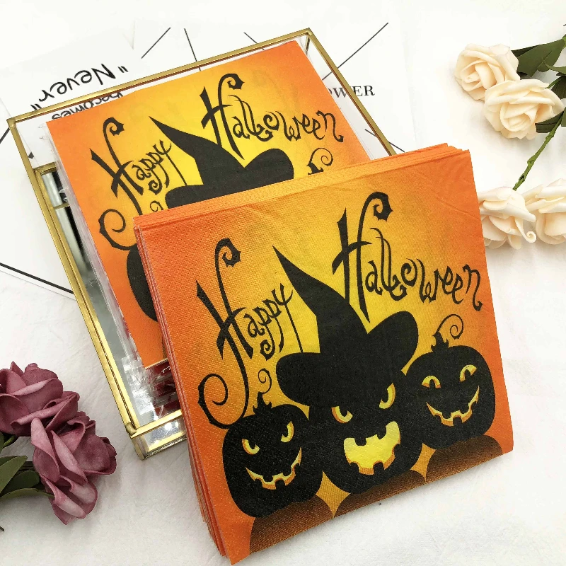 20pcs Halloween Party Decoration Paper Black Pumpkin Letters Napkins Halloween Elements Wine Glasses Flowers Paper Placemats