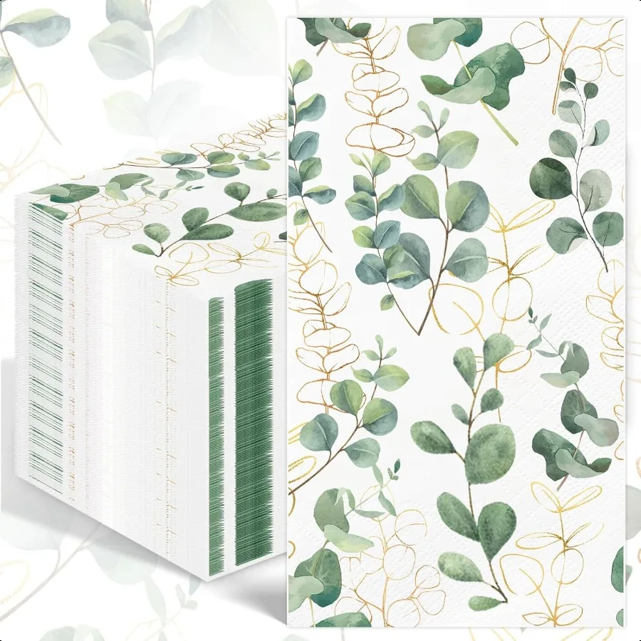 100PCS Greenery Paper Napkins 3 Ply  Hand Towels for Bathroom Green Eucalyptus Leaf Guest Napkins Decorative Dinner Napkins for