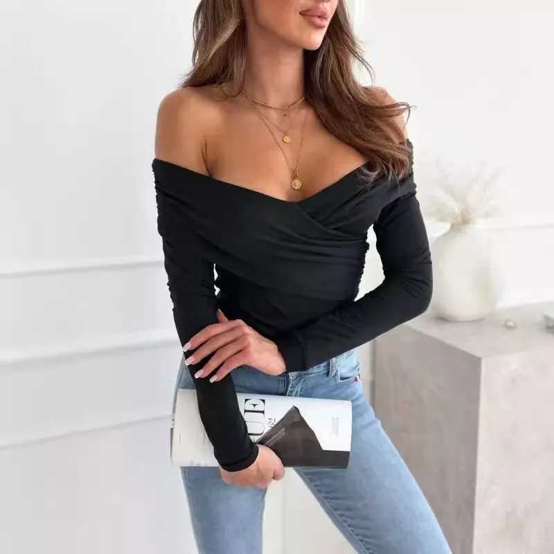 New Autumn And Winter Fashion Sexy Off Shoulder Long Sleeved Solid T-shirt Top For Women 2024 Elegant Slim Fit White V-neck