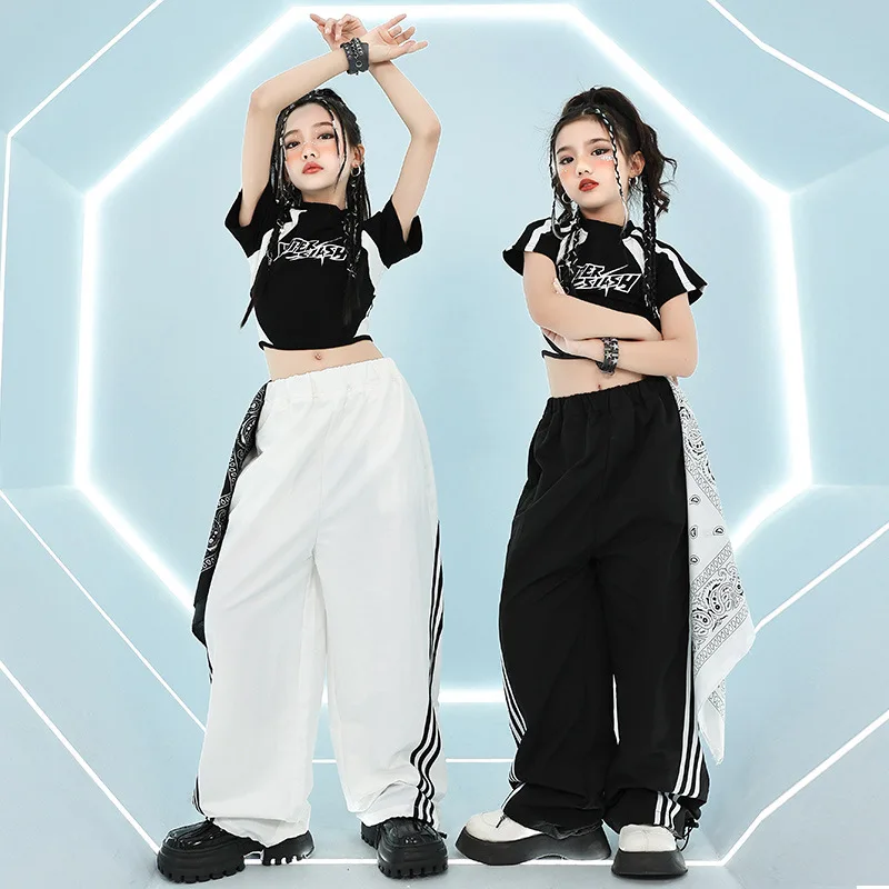 Girls Clothing Summer Chidren Hip Hop Outfit Cotton Black Long Sleeve Crop Top T-Shirt White Polyester Pants 2 Piece Set Streetw