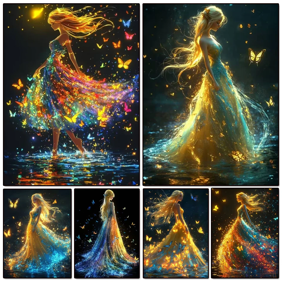 

5D Diy Diamond Painting Fantasy Fluorescent Girl Butterfly Landscape Full Rhinestones Mosaic Embroidery Handmade Home Decor Gift