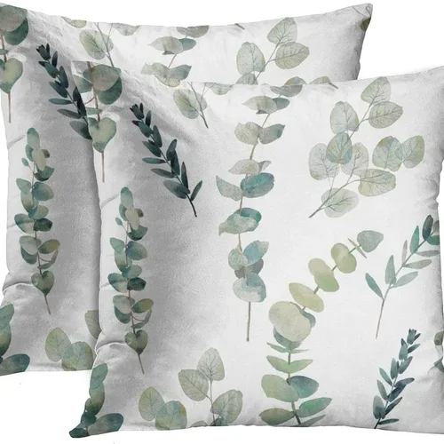 녹색 잎 수채화 유칼립투스 가지 쿠션 커버, 흰색 자연 녹지 나뭇 가지에 식물 개체 손 꽃, 2 개 