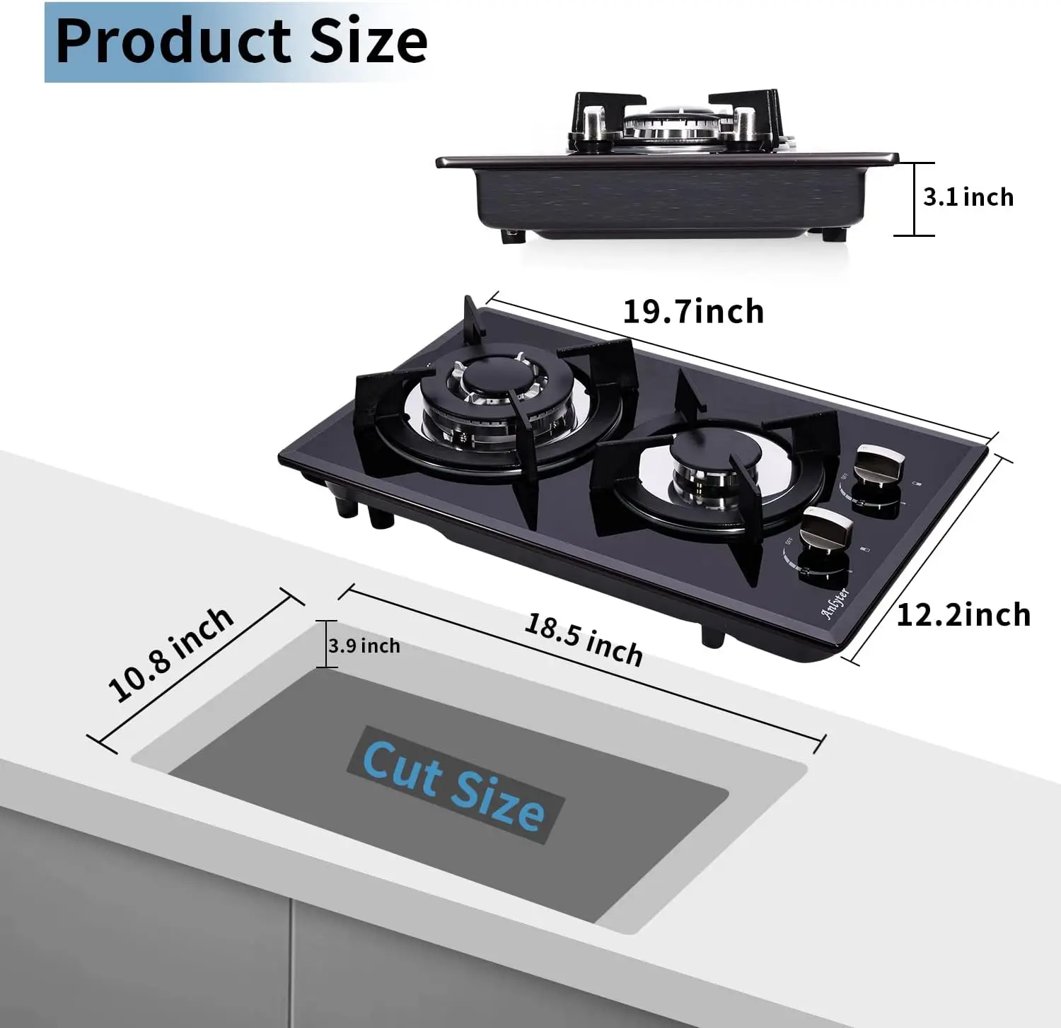 موقد غاز 12 بوصة، 2 شعلة مدمجة من الزجاج المقسى المسال غاز البترول المسال / الغاز الطبيعي المضغوط قابلة للتحويل مزدوجة الوقود مختومة - أسود #5