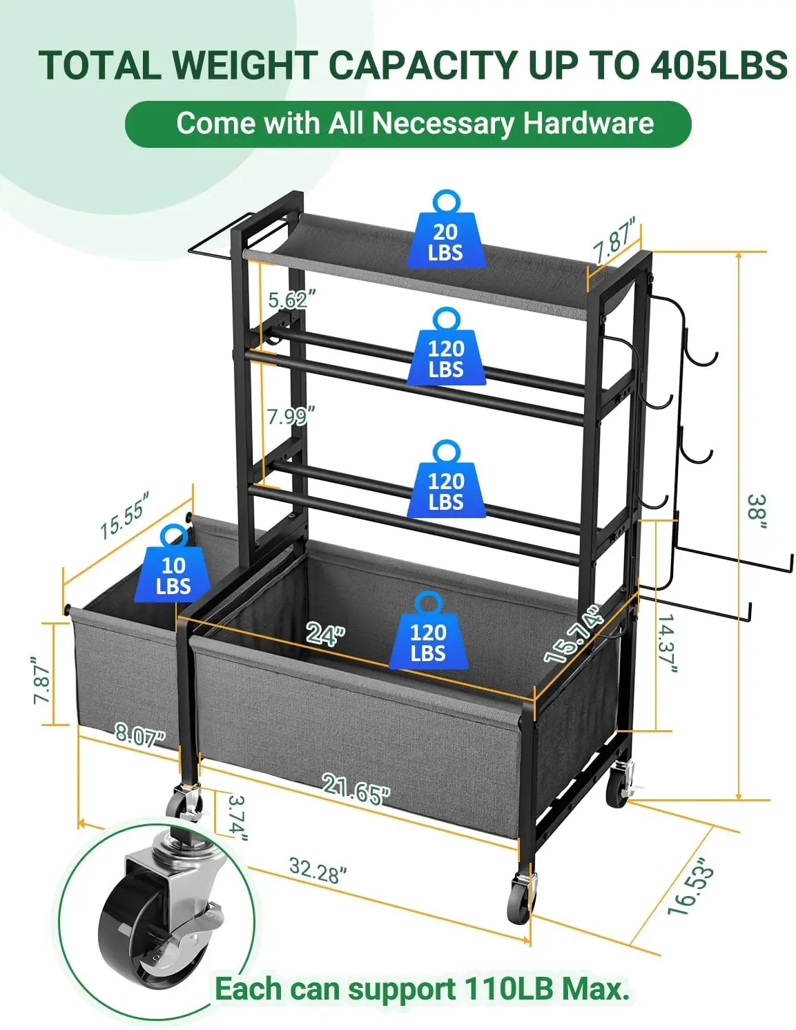 Home Gym Organizer - Adjustable 4 - Tier, Steel, Silver, Up to 405 lb, Lockable Casters & Hooks