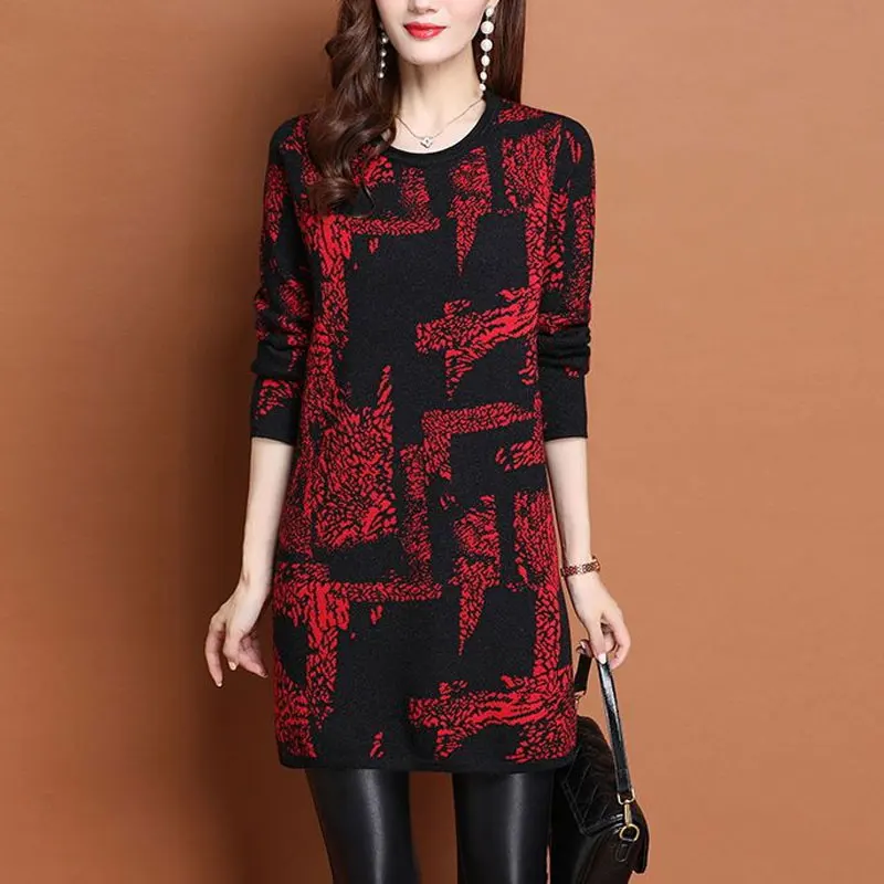 Female Clothing Casual Printed Midi T-shirt Vintage O-Neck Autumn Winter Long Sleeve Korean Loose All-match Spliced Pullovers