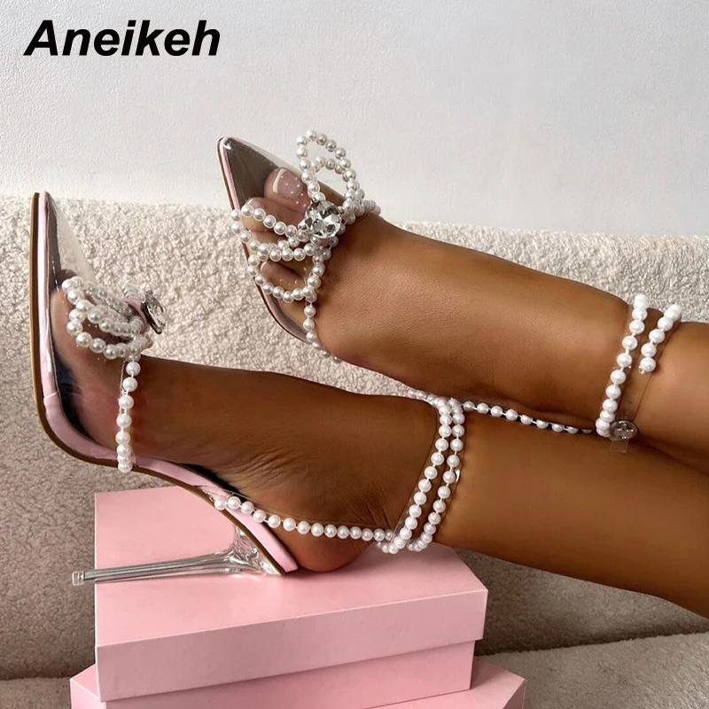 Aneikeh farfalla nodo perline tacchi alti donne pompe cristallo Bling PVC punta a punta signore fibbia cinghie Sexy perla calzature scarpa