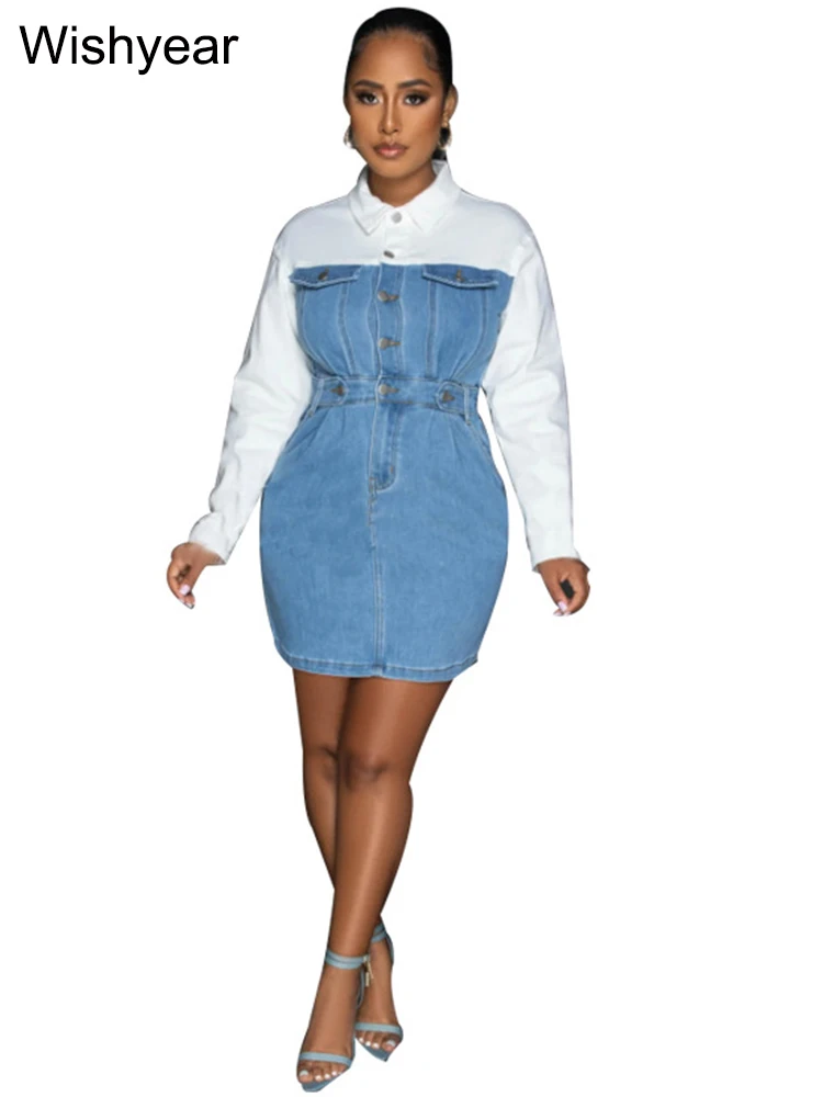 Wishyear Women Turn Down Collar Button Up Pockets Office Lady Bodycon Long Sleeve Patchwork Denim Shirt Dress Birthday Clubwear