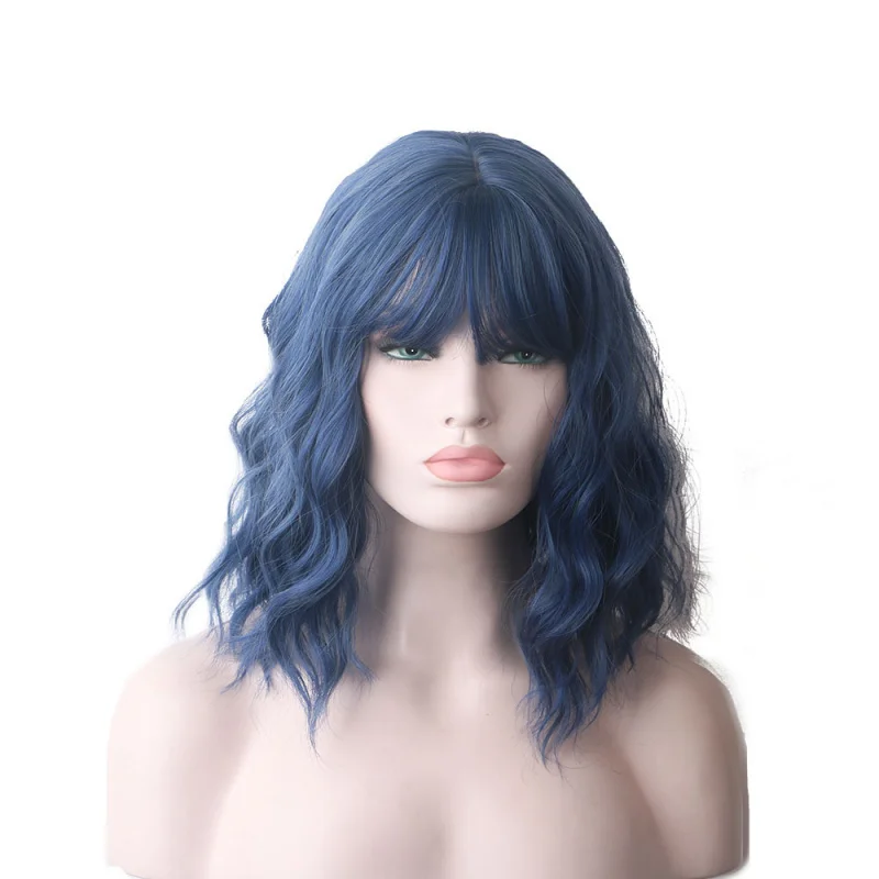 

Haze Blue Japanese and Korean Style Short Bob Wig Full Head Wig Short Hair with Bangs Wool Curl Synthetic High Temperature Fiber