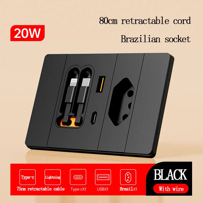 Painel de Tomada Brasileiro Modelo 118 com Cabo Retrátil de 75cm, Carregamento GaN, Painel de Tomada USB Tipo-C 20W com Carregamento Rápido.