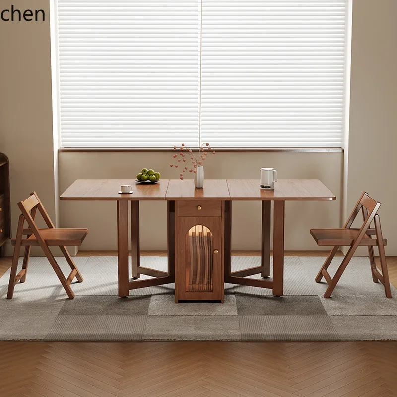 Solid Wood Folding Dining Table and Chair Set Modern Simple with Wheels Extendable Mobile Storage Dining Table