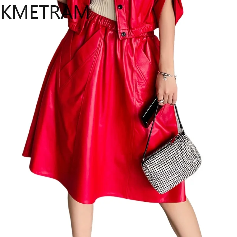 KMETRAM Genuine Leather Long Skirts for Women Real Sheepskin Clothes Loose Fit Autumn Winter Women Skirt High Waist Юбка Шорты