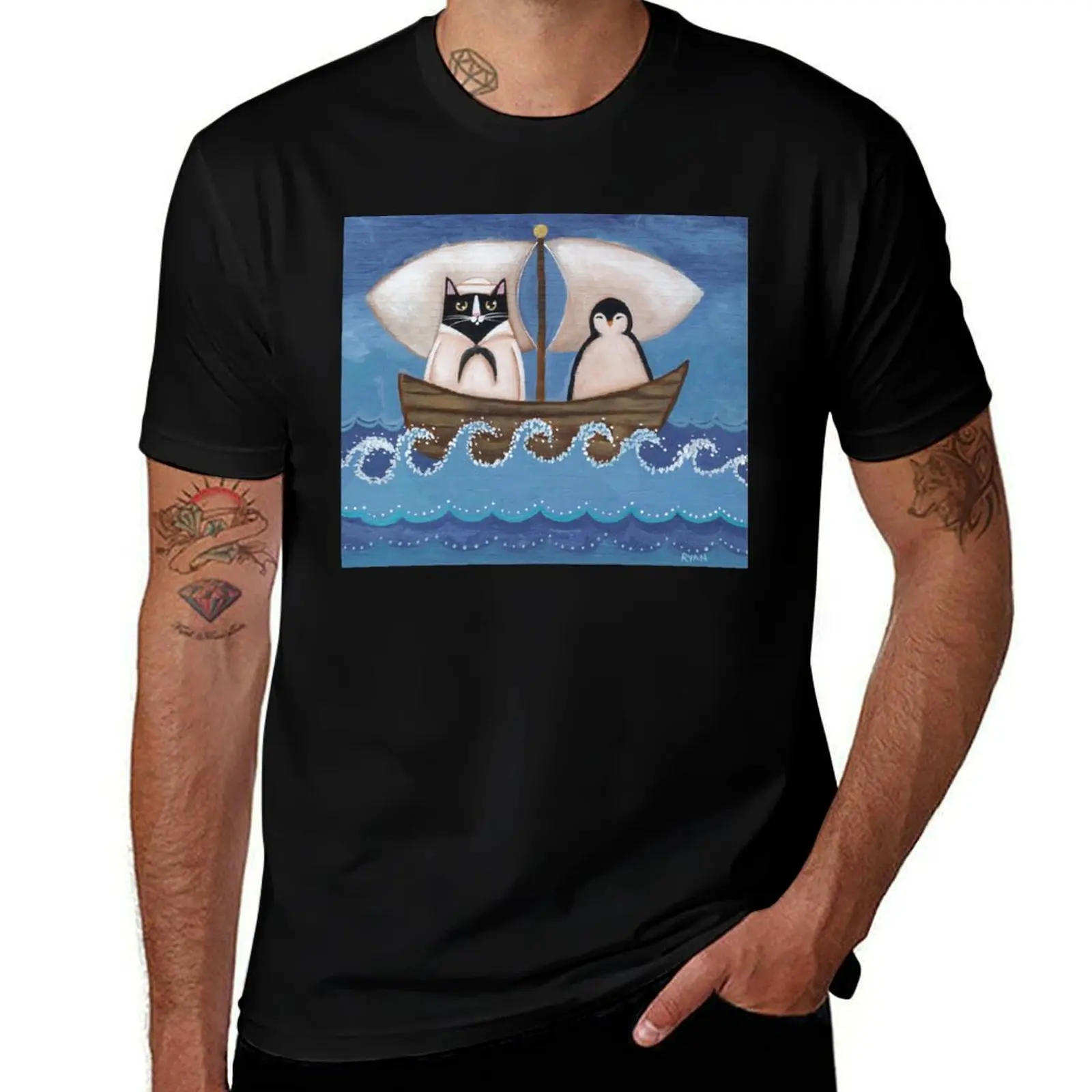

Футболка Sailor Cat & Penguin, футболки для мужчин, хлопковая хлопковая футболка, мужская футболка