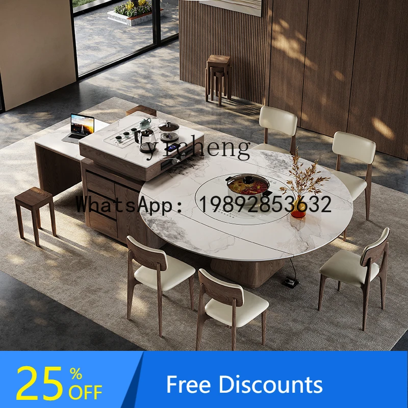 rock slab island dining table integrated household retractable folding square and round dual-purpose with induction cooker