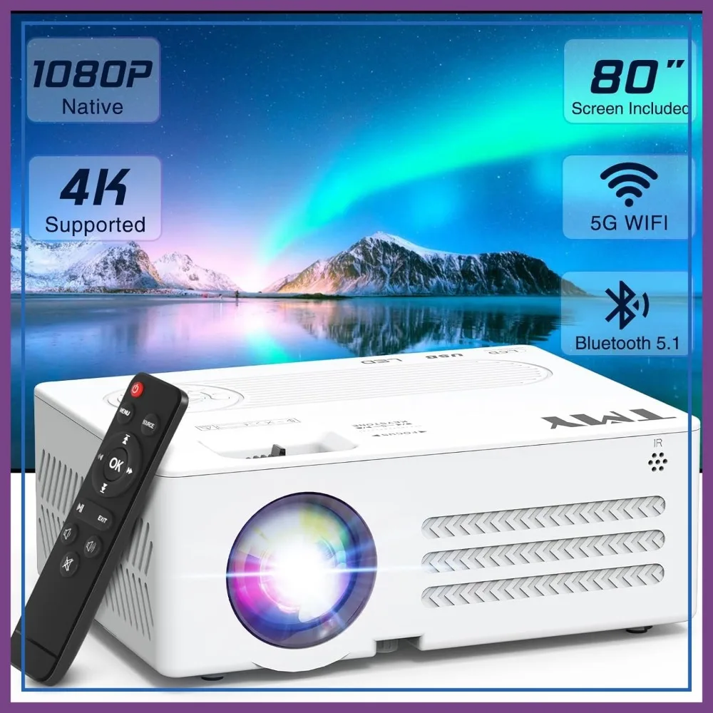 

Native 1080P Projector with WiFi & Bluetooth, 80" Screen Included, 4K Supported, Portable for Indoor Outdoor Use