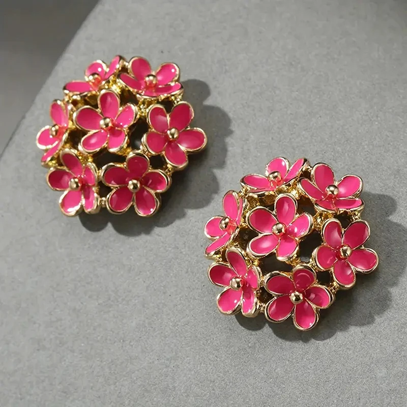 Huitan Stylish Flower Enamel Stud Earrings for Women Modern Graceful Ear Piercing Accessories Delicate Fashionable Party Jewelry