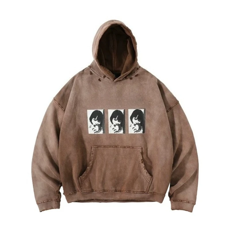 ER/D 24FW Washed Destroy Coral Sandwich Girls Sweater Hoodie