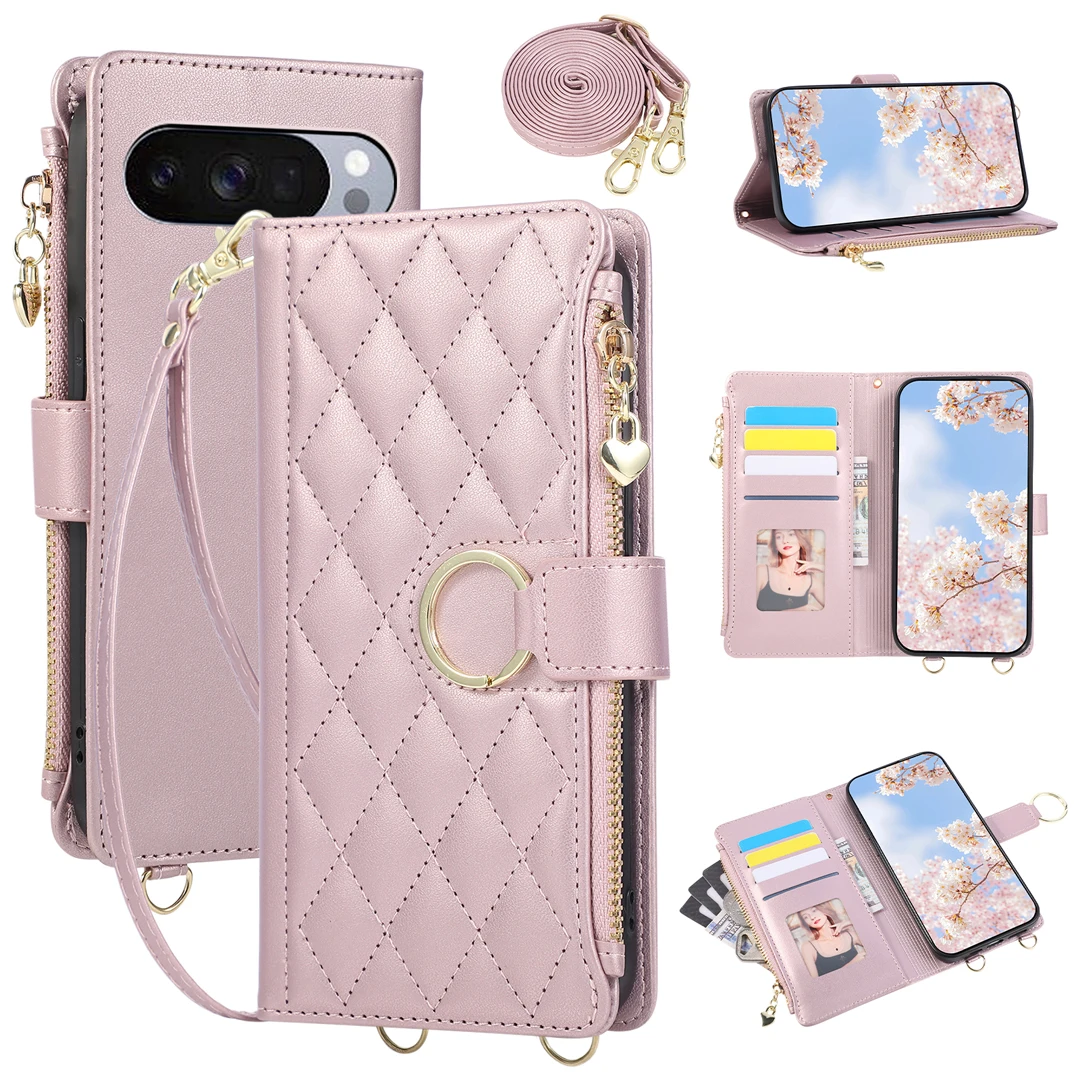 

Luxury Crossbody Zipper Card Holder Leather Wallet Case For Google Pixel 9 10 Pro XL 10A 7A 8 A 7Pro 7 6 6A Cover Ring Holder