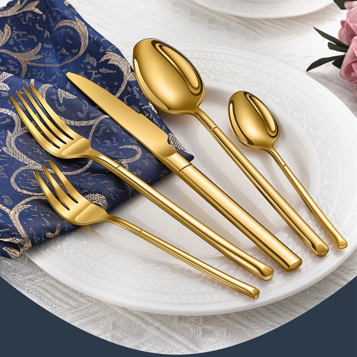 30Pcs Shiny Gold Cutlery Set 18/10 Stainless Steel Creativity Gift Flatware Set Round Hanldle Service For 6 Drop Shipping