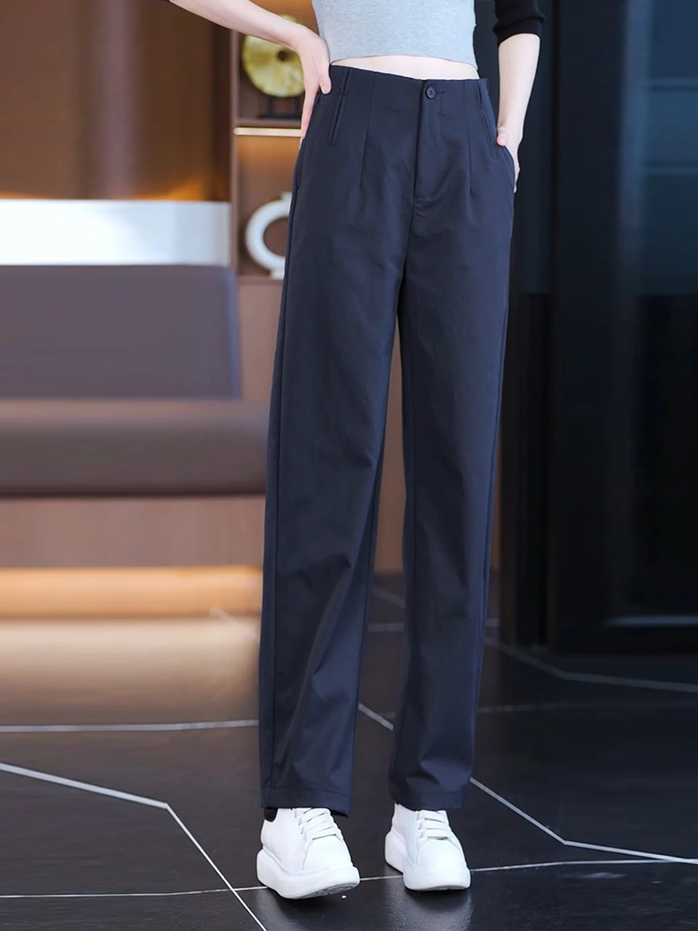 กางเกงลำลองเอวสูงทรงตรง ผู้หญิง แฟชั่น ผ้าไม่ยับ รุ่นใหม่ ฤดูใบไม้ร่วง 2025 สไตล์ลำลอง