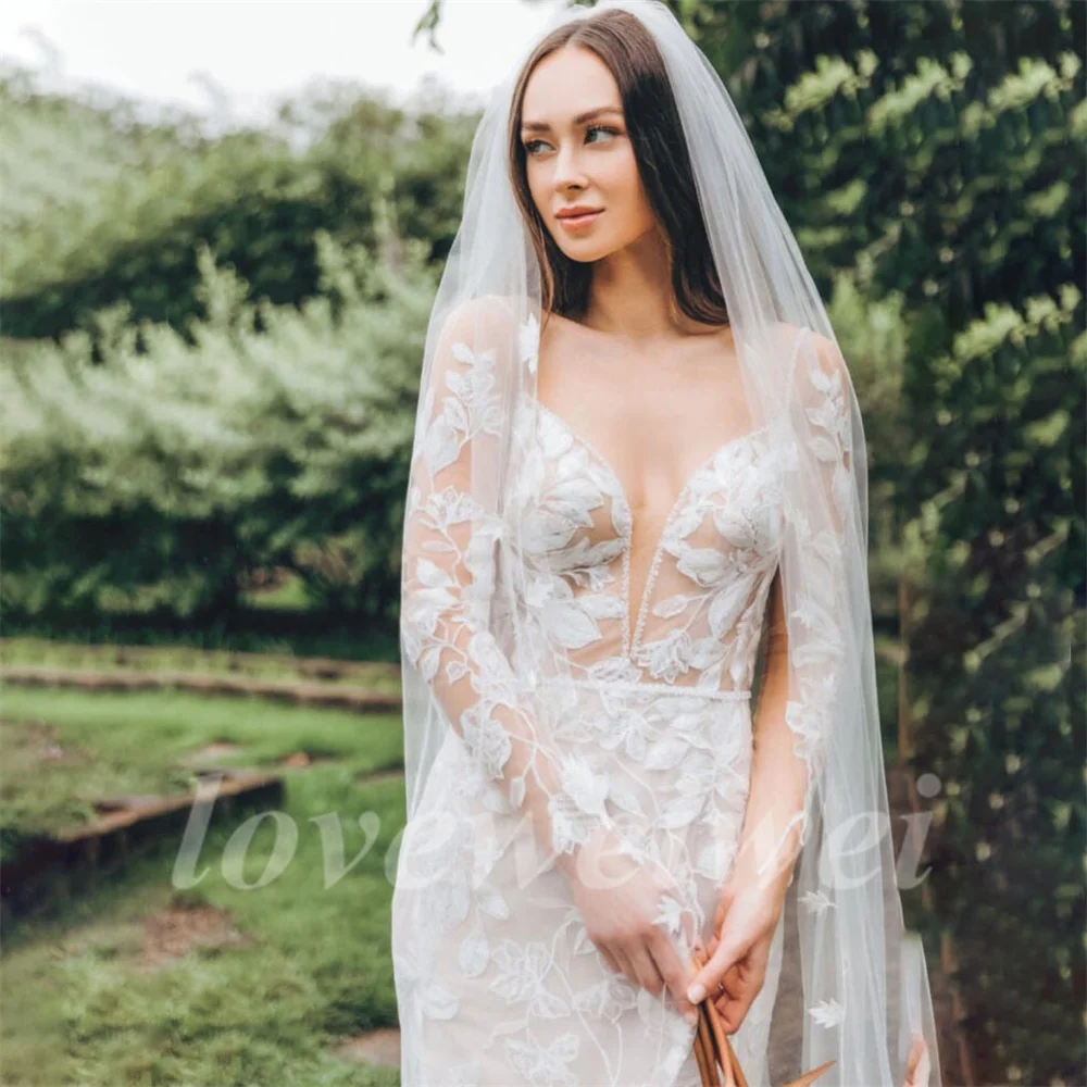 Boho mořská panna svatební šaty dlouhé úplný rukáv svatební šaty pláž bez zad elegantní krajka nášivka svatební gowns vestido de noiva