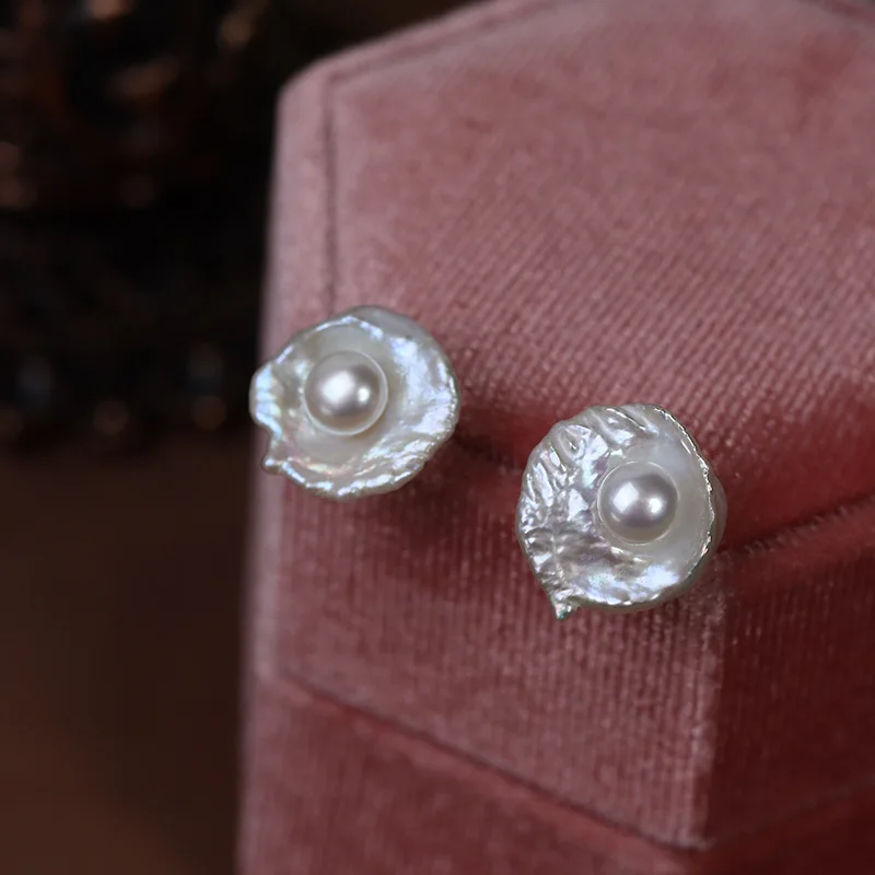 Poached egg natural pearl earrings petal French retro original design 925 silver needle