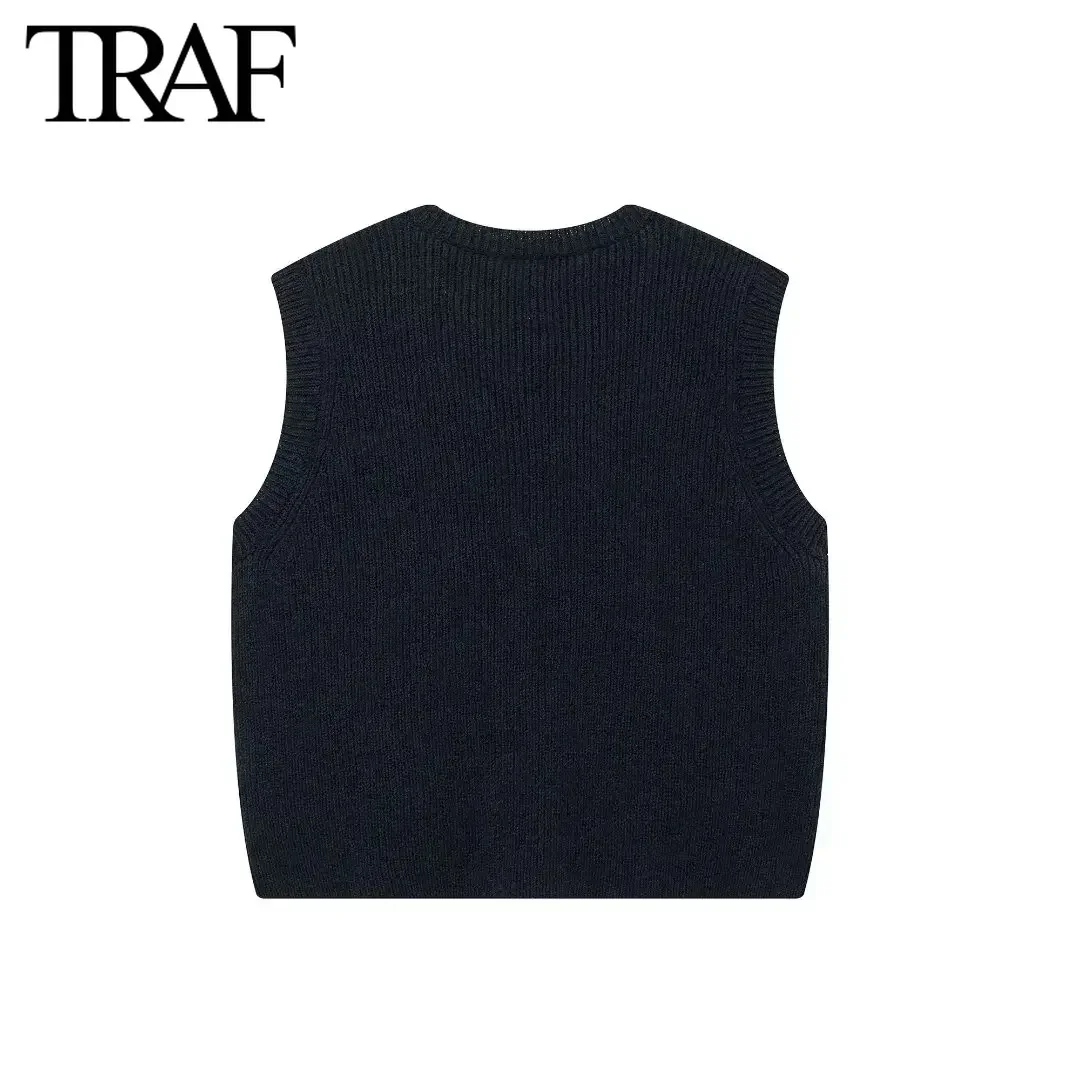 TRAF Women Fashion Spring New Solid Color Pocket Single Breasted Cardigan Round Neck Knitted Sweater Vest Sweet Chic Ladies Tops