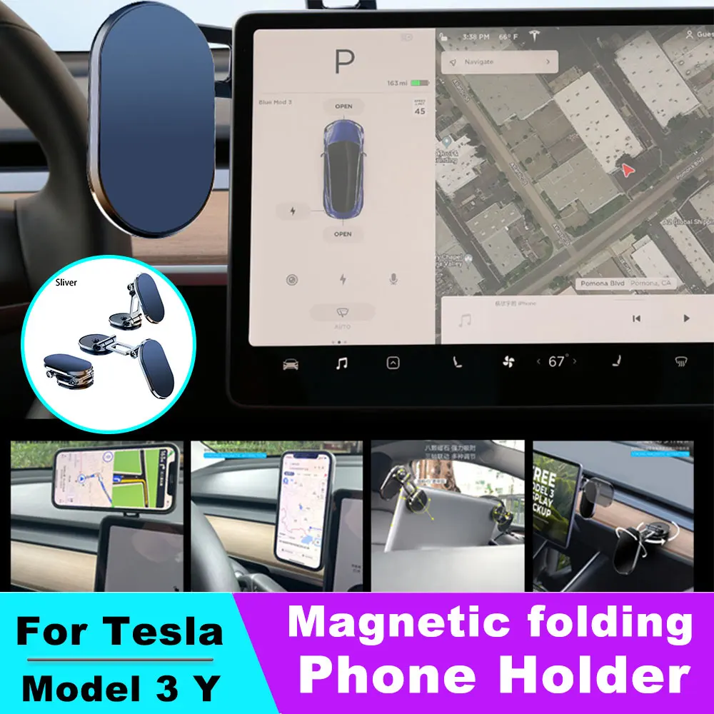 

Metal Magnetic Car Phone Holder Foldable For Tesla Model 3 Y Universal Mobile Phone Stand Air Vent Magnet Mount GPS