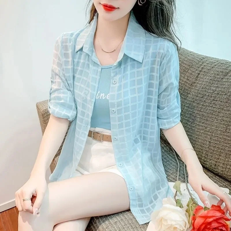 Sunscreen Shirt Female 2024 Summer New Loose Coat Thin Sun Protection Clothing Joker Jacket Long Sleeve Plaid Cardigan Women