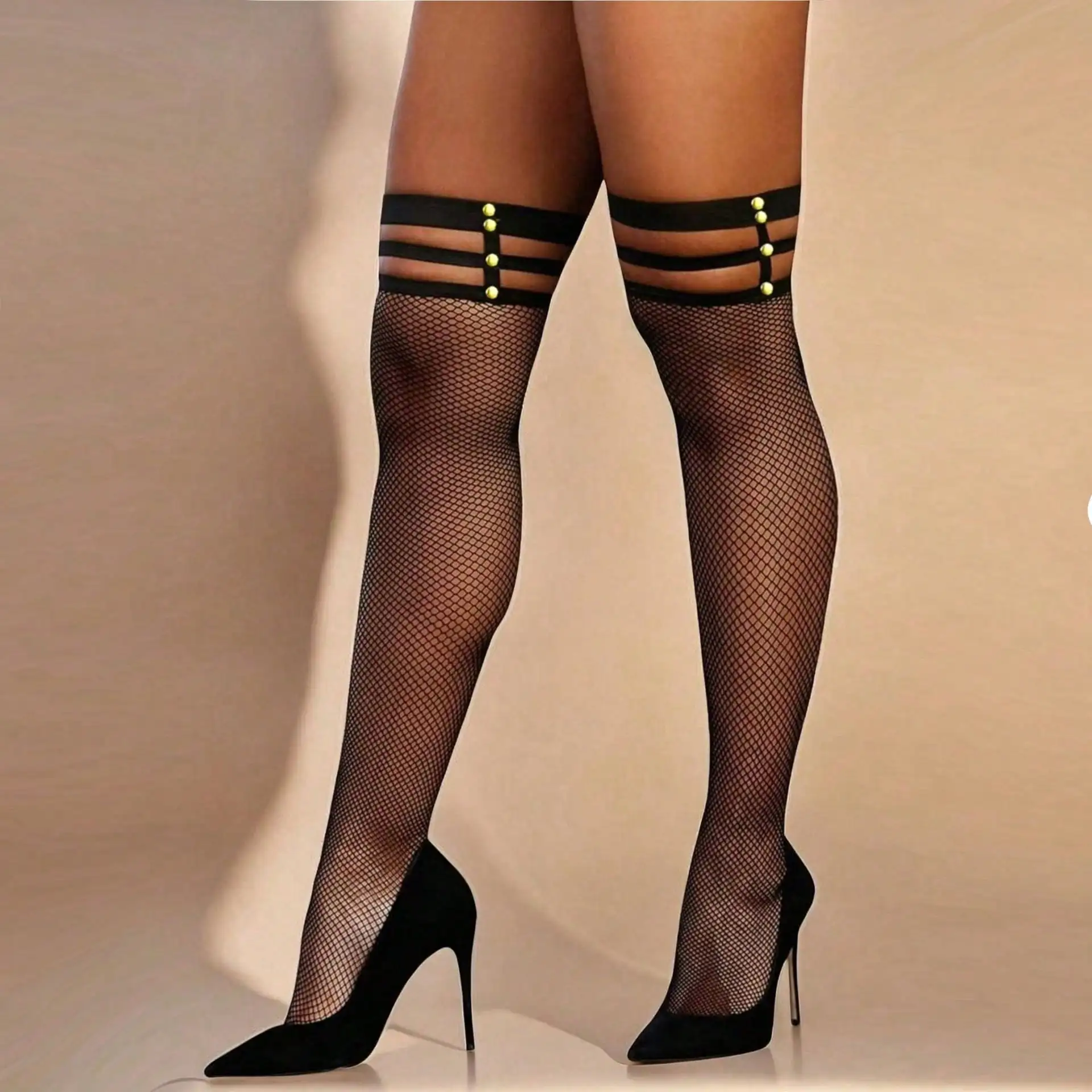 1 Pair Women's Rivet Fishnet Over-the-Knee Stockings with Garter Straps