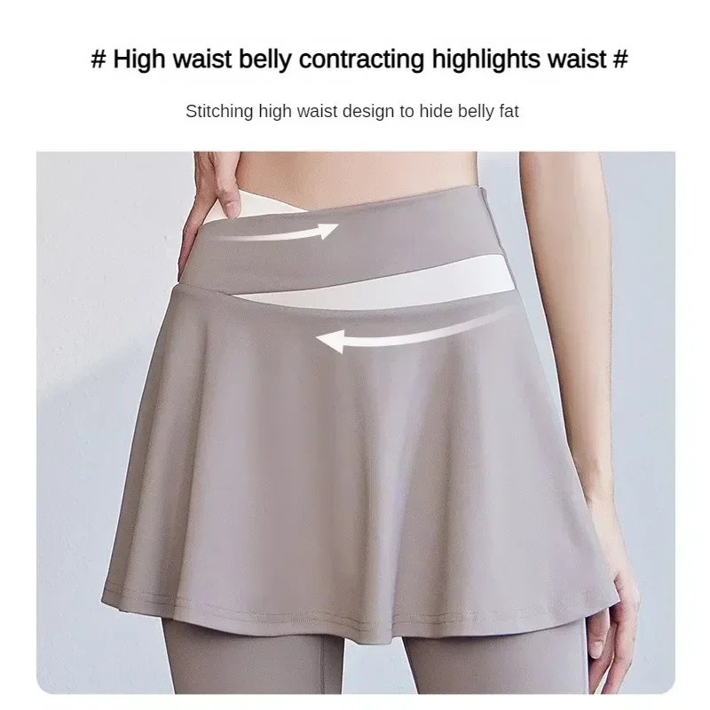 النساء اليوغا التنس التنانير عالية الخصر وهمية قطعتين الرياضة طماق اللياقة البدنية الصالة الرياضية سريعة الجافة تنورة رياضية الجري يغطي الرجل #5