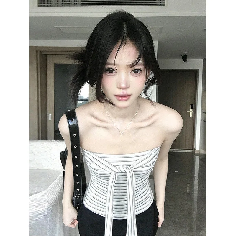 Korean Style Long Sleeve Wrap Shirt Two Piece Set Women Early Spring Stripe Tube Top Tank Waist Slimming Sexy Top Princess Style