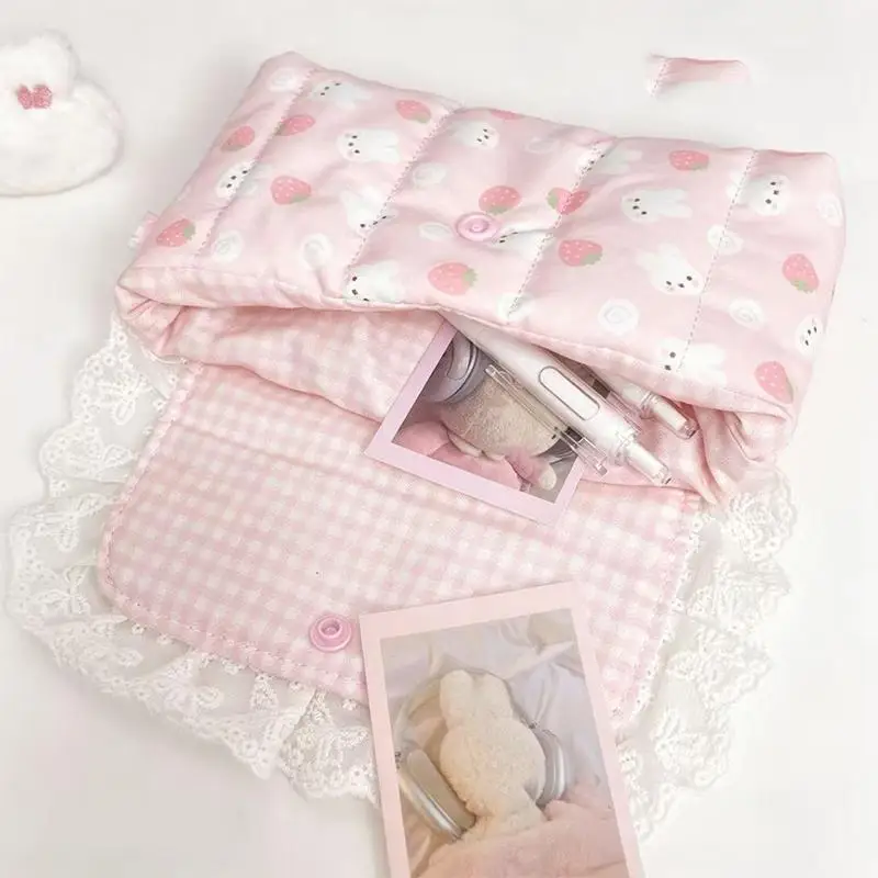 1 Stück Rosa Karierte Spitzen-Aufbewahrungstasche mit Polka-Dot-Schleife, Niedliche und Stilvolle Klapp-Make-up-Tasche für Mädchen, Mittelschülerinnen – Detail 12