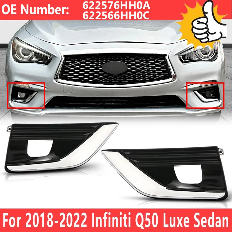 

For Infiniti Q50 Luxe 2018-2023 Front Bumper Fog Light Cover Bezel W/Chrome Trim