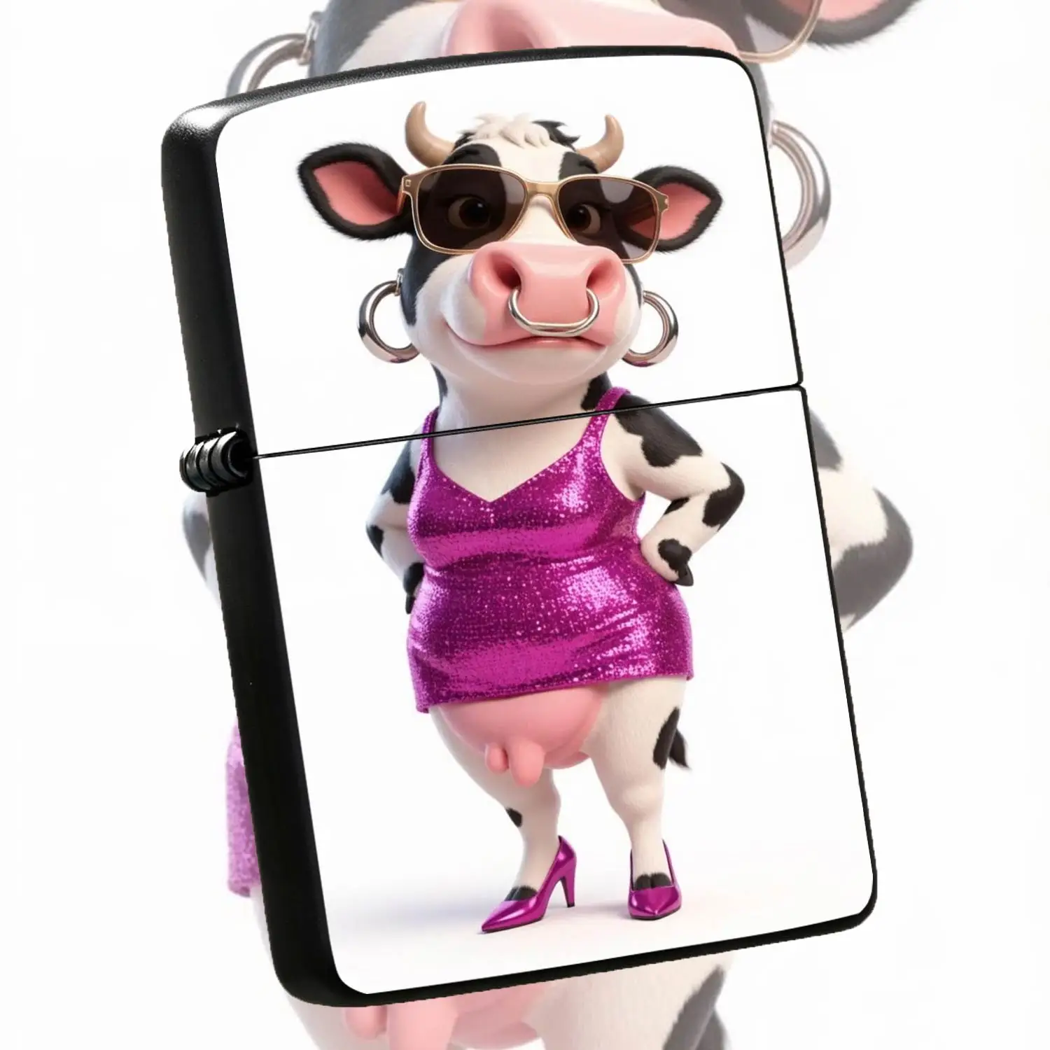 Stylishcool Cow Lighter With Gold Frame Sunglasses Sequin Pink Dress High Heels Design, Fun Unique Portable Accessory For Daily Party Gatherings, Ideal Creative Gift For All Scenarios, Eye-Catching Cute Fashion Decorati A Humorous And Inter