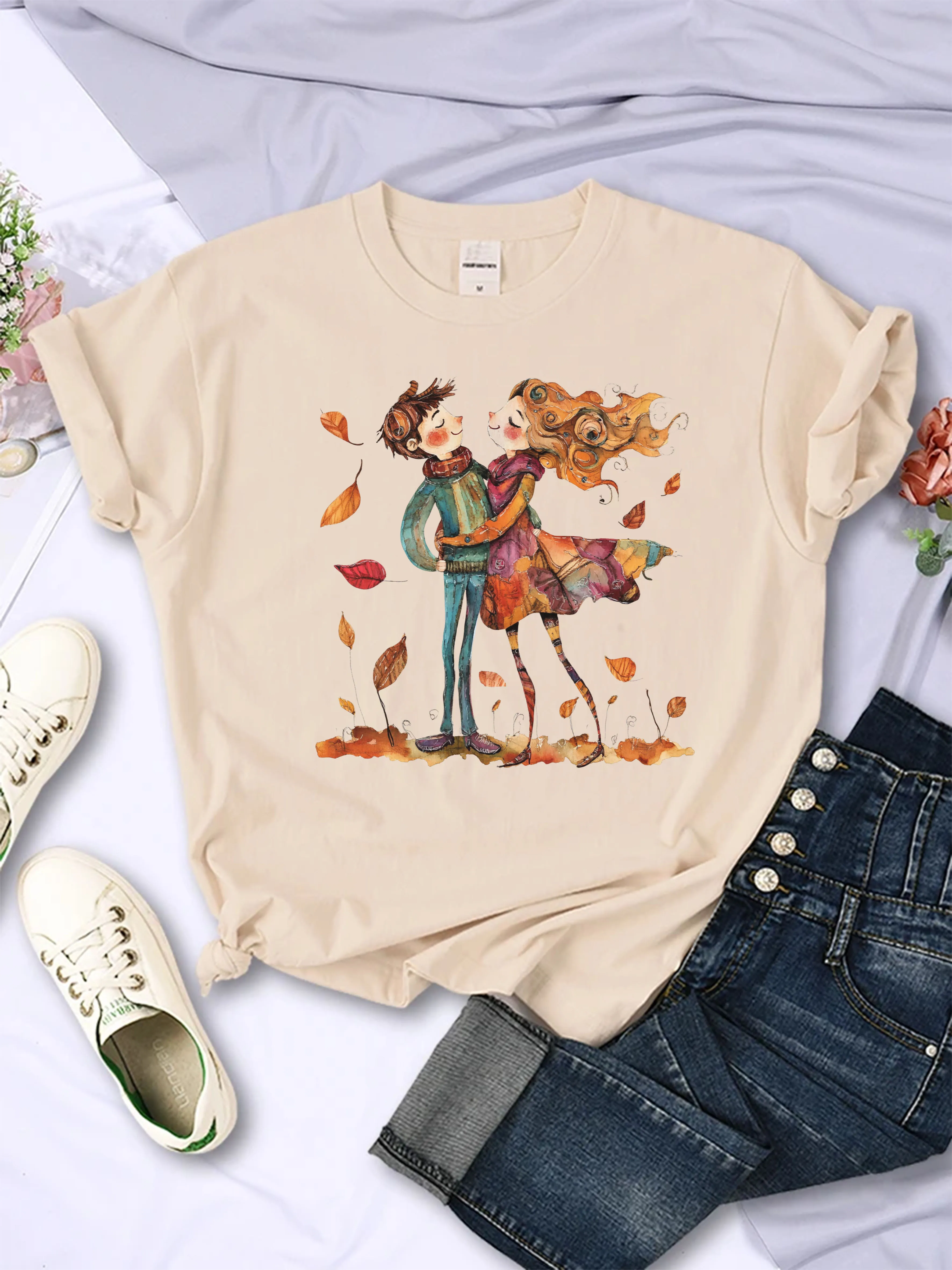 Śmieszny, nietypowy, świąteczny T-shirt damski z okrągłym dekoltem, luźny krój, wielokolorowy wzór z motywem kreskówkowym dla par.