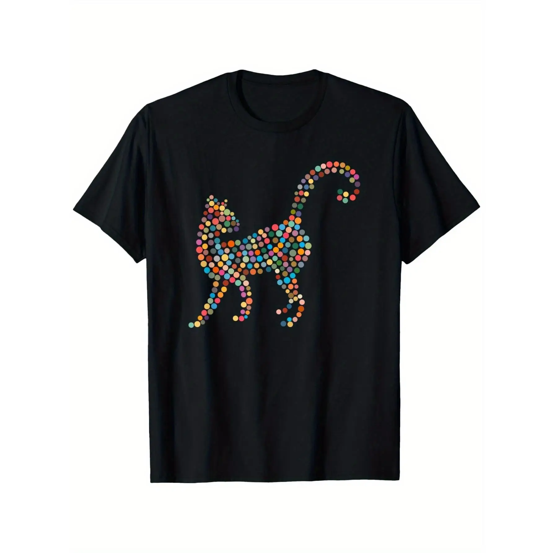 

Unisex Colorful Dot Cat T-Shirt | Pixel Art Kitty Silhouette Graphic Tee | Modern Pet Lover Art Gift Casual Top