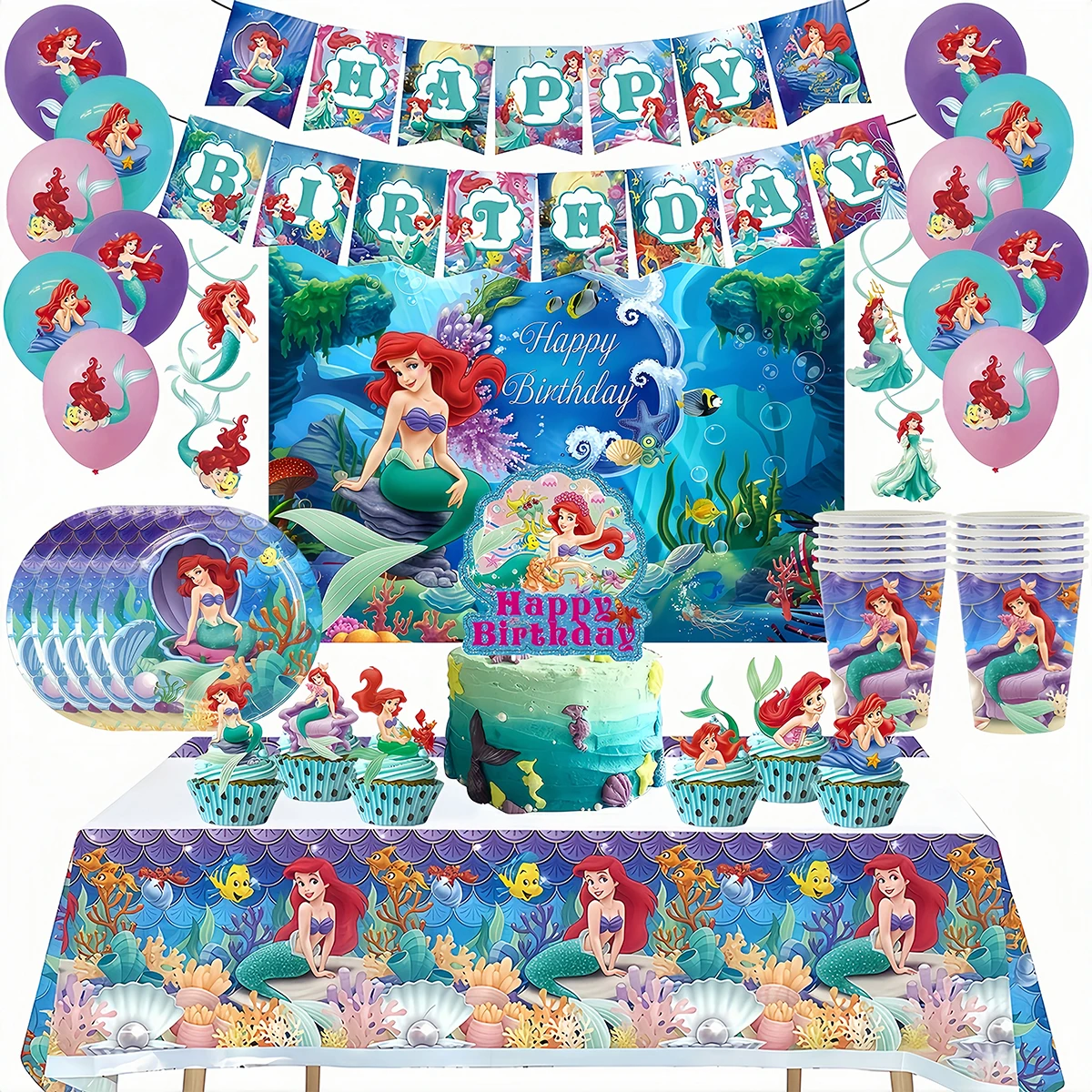Set de Decoración para Fiesta de Cumpleaños de Ariel la Sirenita, Vajilla, Pancarta, Globos, Mantel, Adornos para Pastel, Artículos para Fiestas y Recuerdos