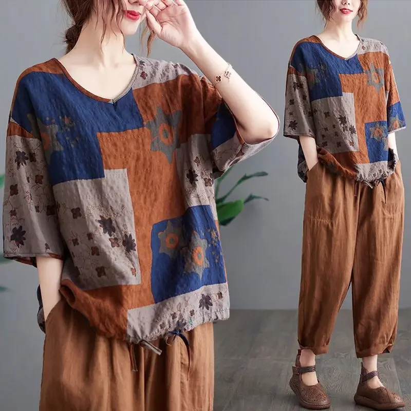 

Women Folk Contrast Color Cotton Linen V-neck Drawstring T-shirt Summer Thin Middle-aged Loose Printed Short Sleeve Tops ZT125