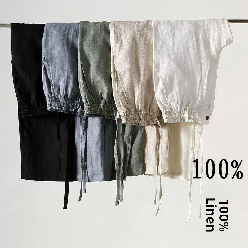 Loose Cotton Linen Men's Casual Pants Straight Leg Spring Summer Pure Color Men's Loose Fit Straight Leg Linen Trousers