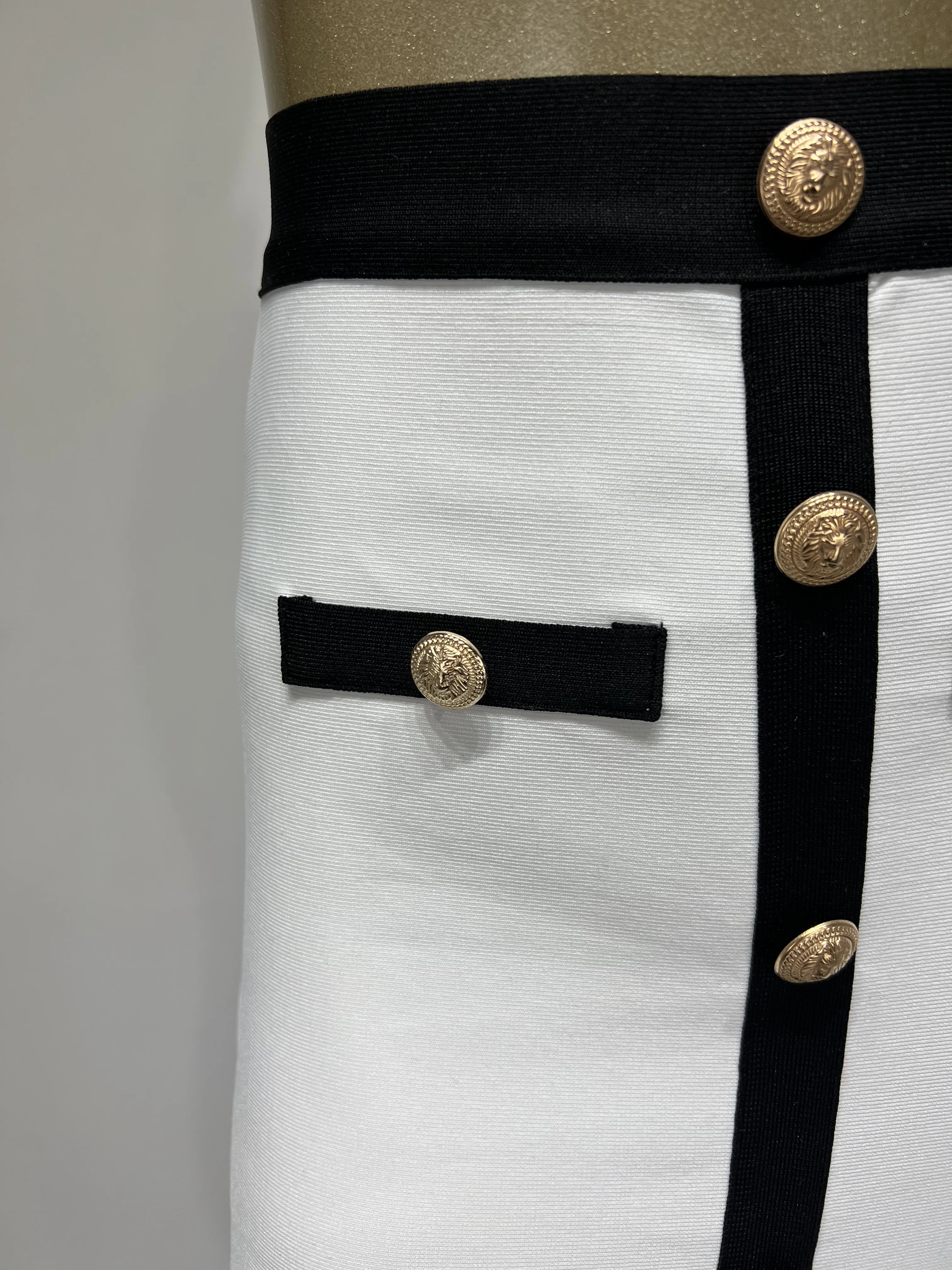 Women Elastic Bandage Skirt Black White High Waist Gold Buttons Elegant Pencil Skirts Office Lady Formal Business Wear