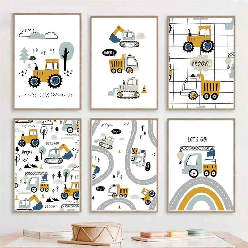 Cartoon Crane Excavator Tractor Truck Poster Wall Art Mural Canvas Painting Nursery Child Pictures Wall Print Boys Room Decor